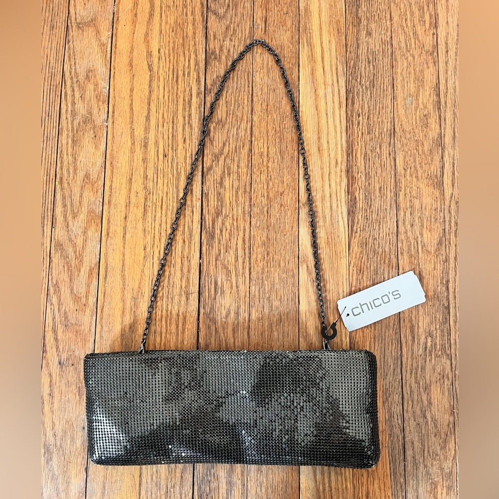NWT Chico’s silver black Sandra mesh bag clutch metal chain sparkle